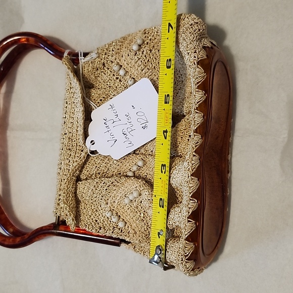 Vintage Women's Crochet & Tortoise Lucite Bag/Purse Gold Boho 1950/1960 - Picture 9 of 13